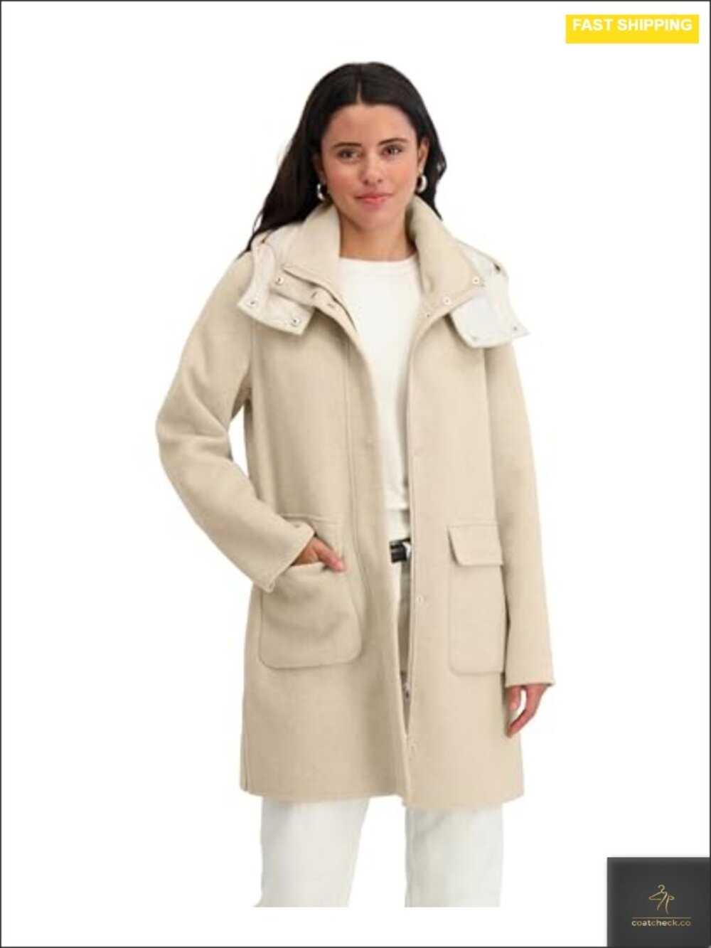 Wool Blend Zip Front Coat with Detachable Hood & Cargo Pockets, 34" Length